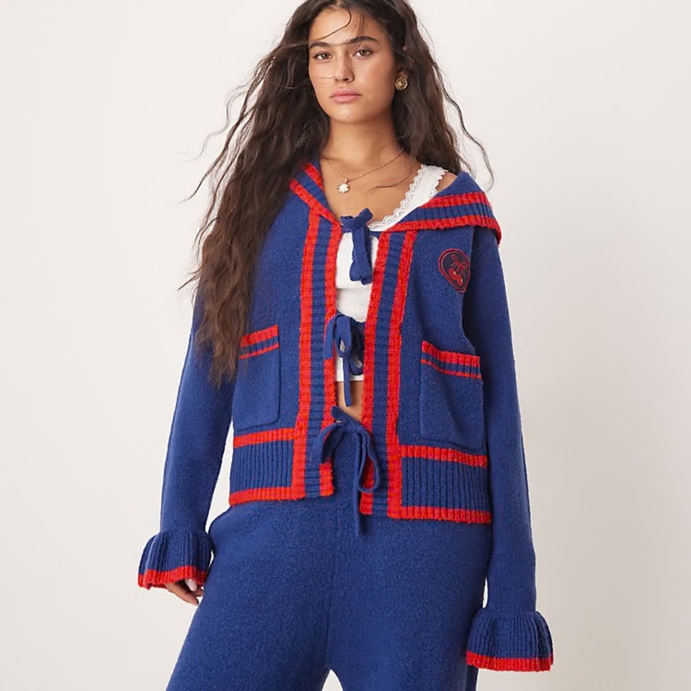 Neon Rose sailor collar tie-front cardigan in navy